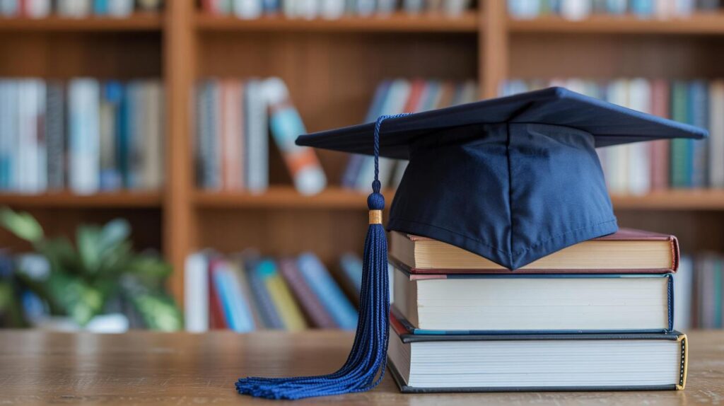 a-graduation-cap-rests-atop-stacked-books-in-a-cozy-library-setting-photo