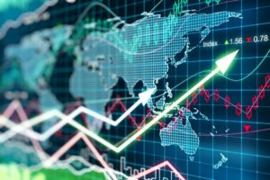 Business chart with glowing arrows and world map
